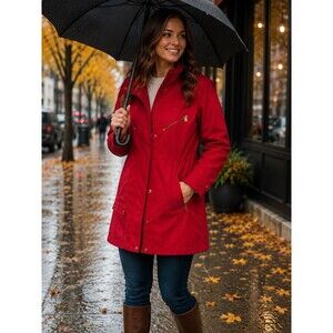 Style & Co Sport Red Rain Jacket Coat w/ Packable Hood Women's Size XL